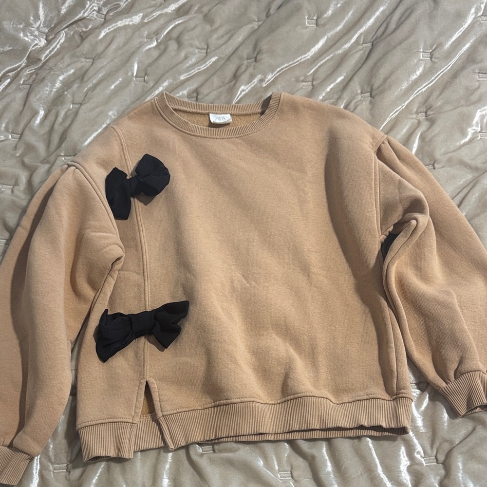Zara Tan Sweatshirt with Black Bow Accents